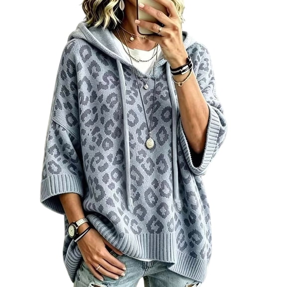 Lumtrix Womens 3/4 Sleeve Hoodie Knit Pullover Sweater Oversized Leopard Print Poncho Sweatshirts Loose Fall 2026 Winter Pullover Sky Blue M