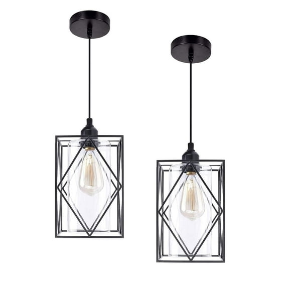 HMVPL Farmhouse Pendant Light Fixtures, Set of 2 Black Farmhouse Hanging Chandelier Lights with Glass Shade, Mini Industrial Ceiling Lamp for Kitchen Island Dining Room O