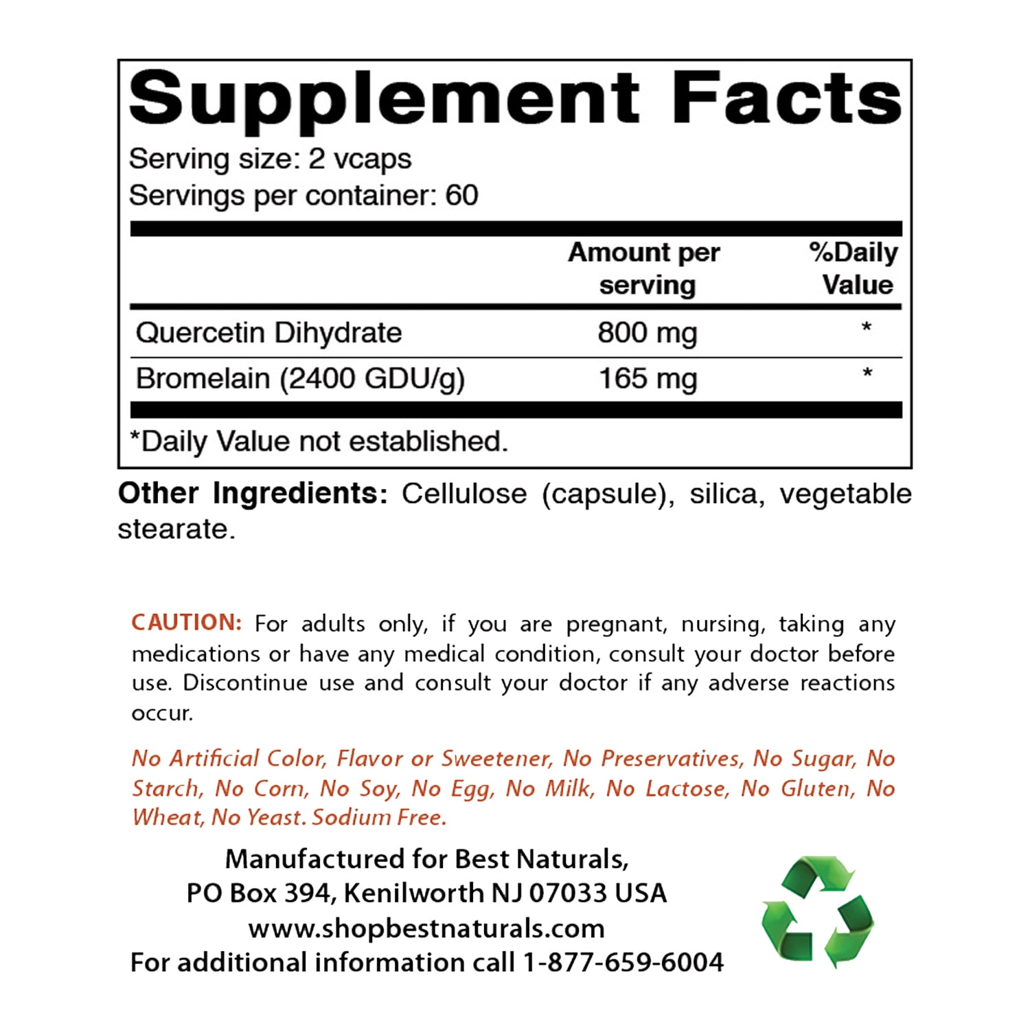 2 Pack Best Naturals Quercetin with Bromelain 120 Vegetarian Capsules - 800 mg of Quercetin & 165 mg of Bromelain (400 GDU/g) | (Total 240 Vegetarian Capsules)
