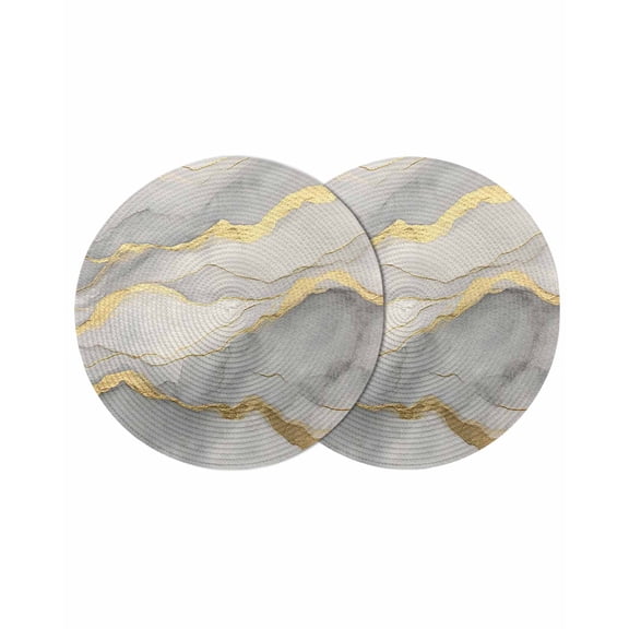 Marble Grey Round 13 Inch Placemats Set of 2, Modern Gold Luxury Neutral Texture HeatResistant Non Slip Place Mats for Dining Table, Wipeable Braided Kitchen Table Mats for Housewarming