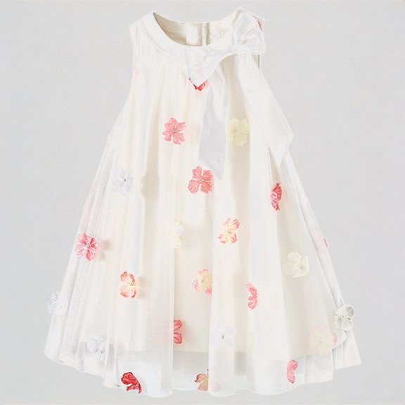 REDARER Toddler Girls' Summer Floral Tutu Dress with 3D Flower Appliques & Large Bow Back Sleeveless Mesh Skirt Casual Party Kids Outfit,6-7 Years