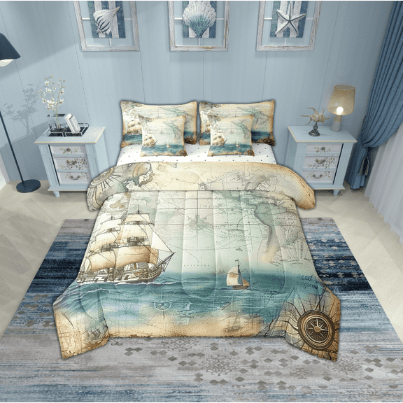 Erosebridal Compass Boat Bedding Sets Twin Size,Mautical Map Comforter Sets with Sheets,Lightweight Reversible Bed in a Bag Twin size,Ocean Theme Decor,7pcs