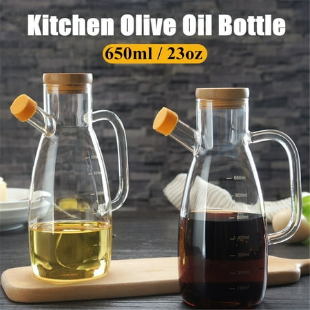 Moaere 650ml Olive Dispensers Oil Bottle Kitchen Leak Proof Glass Pot Bottle with Handle Wood Stopper for Oil Vinegar Sauce