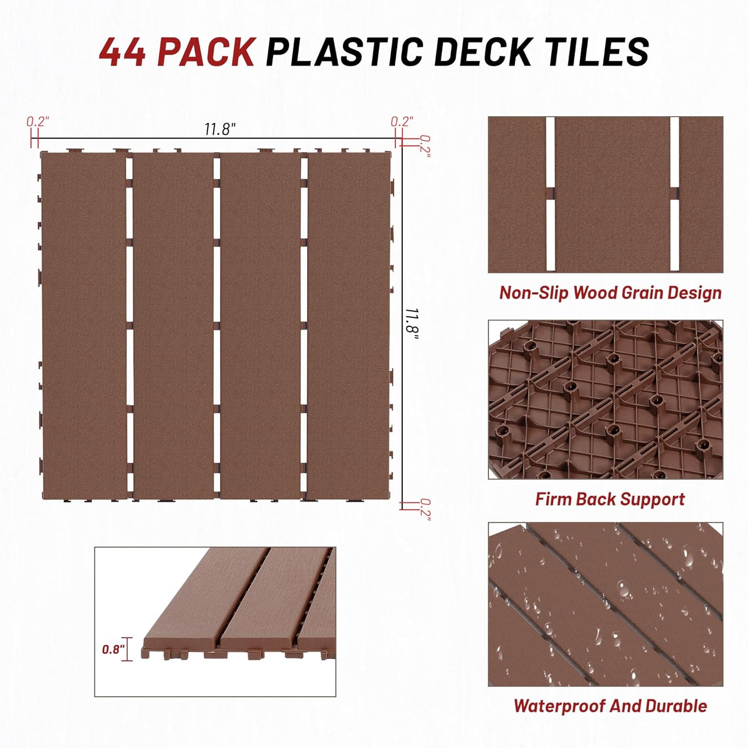 44 Pack Interlocking Deck Tiles Outdoor Patio Flooring Waterproof DIY Snap Plastic Floor Tiles for Balcony Backyard Pool