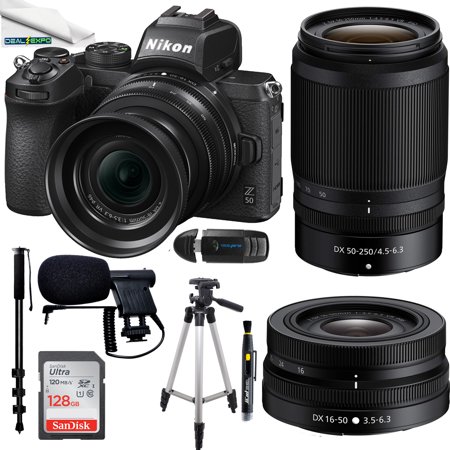 Nikon Z50 Mirrorless Camera Body 4K UHD DX-Format 2 Lens Kit NIKKOR Z DX 16-50mm F/3.5-6.3 VR + Z DX 50-250mm F/4.5-6.3 VR Bundle+ + Microphone + Monopod + 128GB Card & Accessories