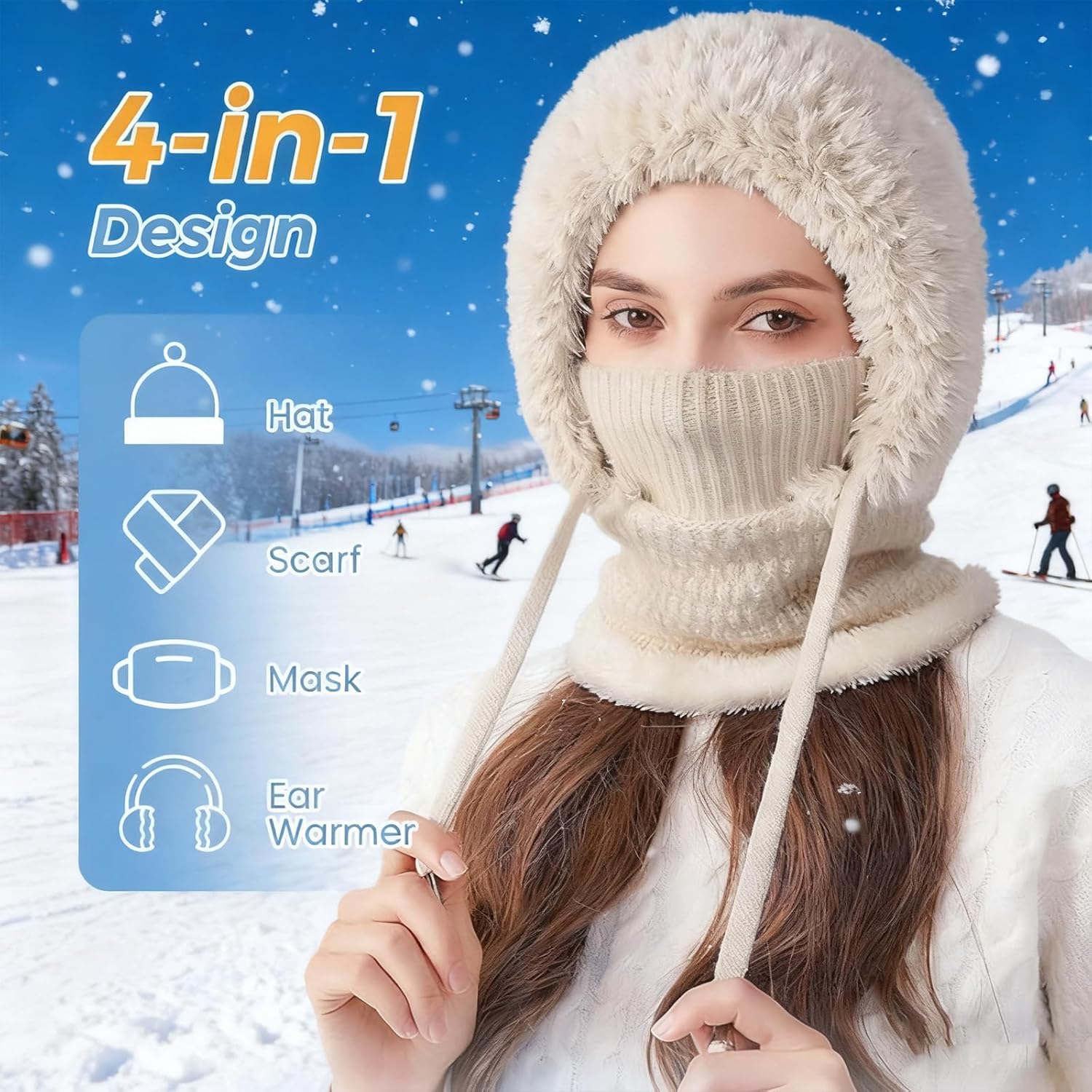 3 in 1 Beanie Hat with Scarf and Mask, 3 in 1 Beanie Hat for Women, Knitted Ski Scarf and Mask Set, Balaclava Hats