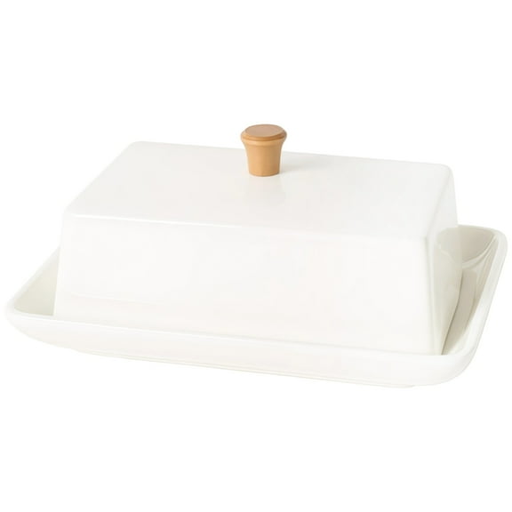 7 in/18 cm Ceramic Butter Dish with Lid for Countertop, Elegant Covered Rectangular Butter Keeper with Wooden Knob, White Glazed Butter Bowl, Cheese Container