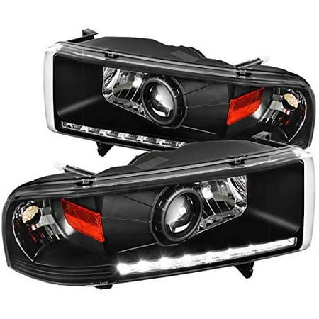 R8 Style DRL LED Light Strip Projector Headlight Head Lamp Replacement in Black Housing Clear Lens Made For And Compatible With 1994 - 2001 Dodge RAM 1500 2500 3500 94 95 96 97 98 99 00 01