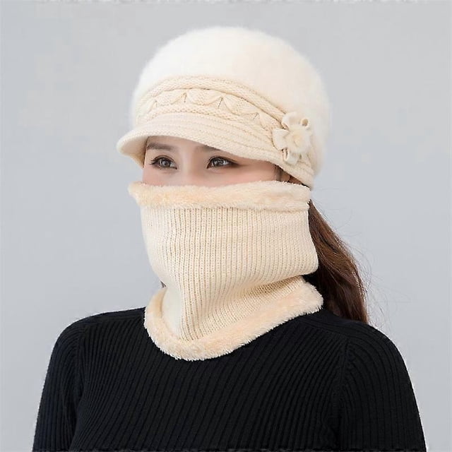 Casquette Bord pour Femme en Polaire paisse Bret d'hiver tricot Style Vintage et Chic Lger pour l'hiver (Noir) Chapeau + charpe + gants