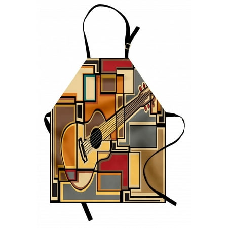 Music Apron Funky Fractal Geometric Square Shaped Background with Acoustic Guitar Figure Art, Unisex Kitchen Bib Apron with Adjustable Neck for Cooking Baking Gardening, Multicolor, by Ambesonne