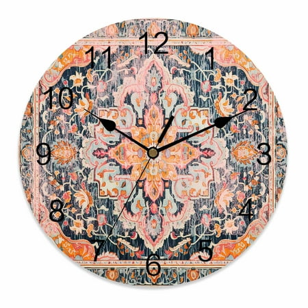 Silent Wall Clocks Battery Operated, Orange Boho Floral Round Decorative Wall Clock for Living Room Bedroom Kitchen Bathroom Classroom Decor, 14 Inch Medieval Vintage Texture