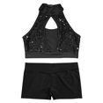 thumbnail image 3 of TiaoBug Kids Girls Gymnastics Dance Costume Hollow Front Sequin Crop Top with Shorts Dancewear Black 10, 3 of 5