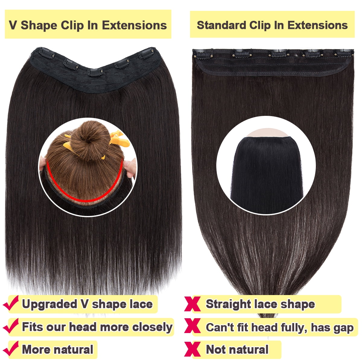HAIRRO Clip In Hair Extensions V Shape U Part One Piece Clip in Remy Real Human Hair Extensions 3/4 Full Head