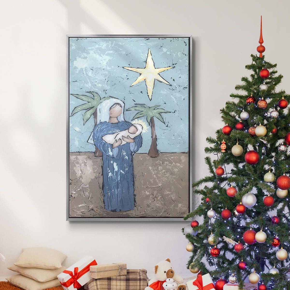 A Silent Night II - Framed Gallery Wrapped Holiday Canvas - 27 x 41 - Silver Frame