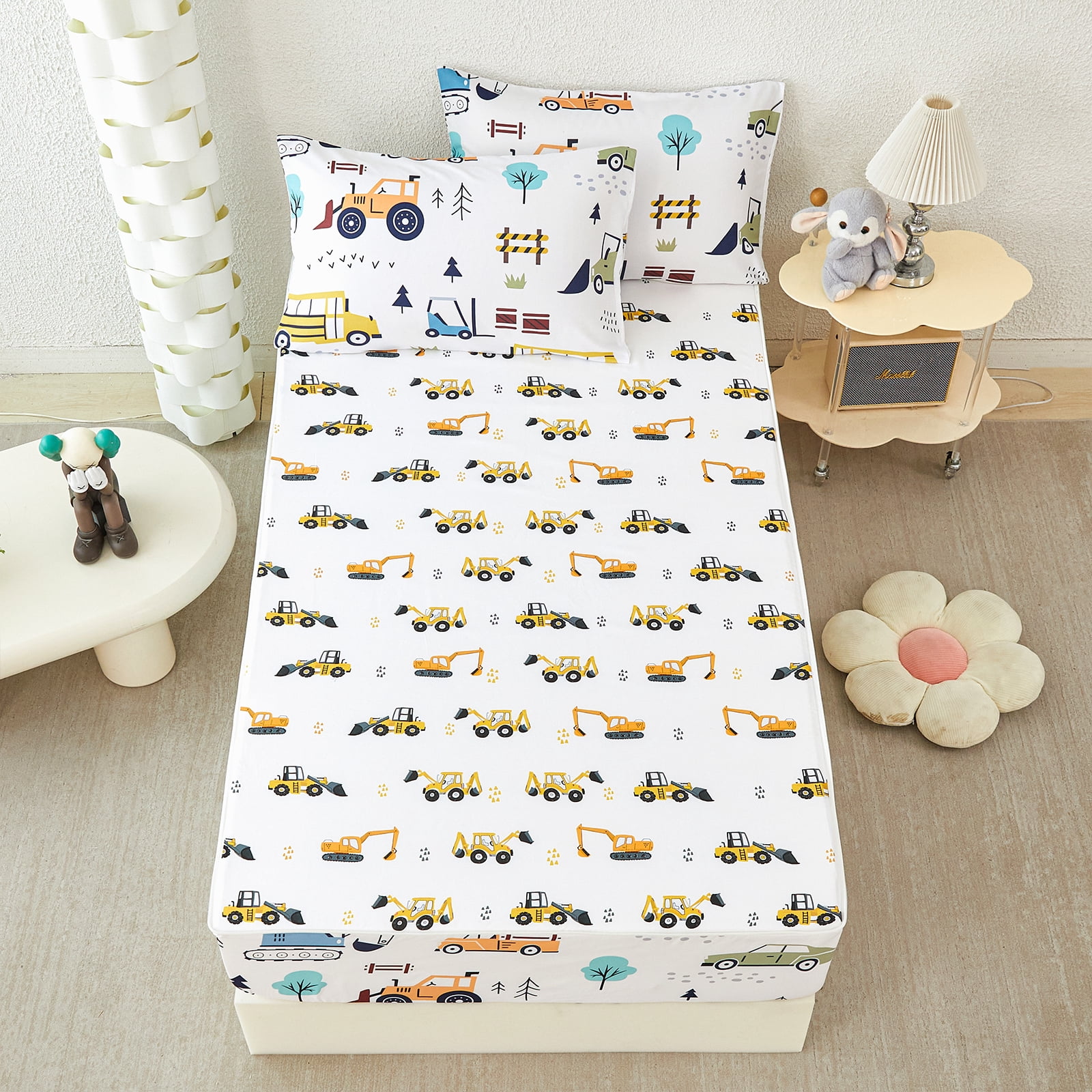 ZRNBAST Construction Comforter Set for Boys Zipper Bedding Sets Twin Size Lightweight Microfiber Cartoon Car Comforter for Kids All in one Zipper Bed Set(White,Twin)