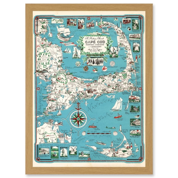 1949 Cape Cod Nantucket Massachusetts Pictorial Map Chase A4 Artwork Framed Wall Art Print