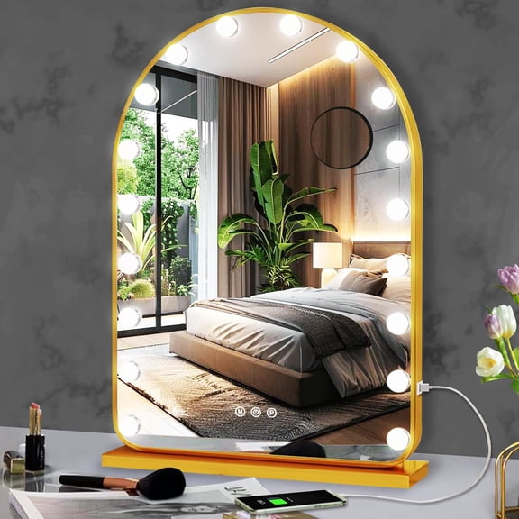 Gold Arch Hollywood Vanity Mirror with Lights for Makeup Desk Table Wall Detachable Base Stand X10 Magnifying Dimmable 3 Color Lights 18 Bulbs