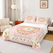 Homewish Baroque Floral Queen Sheet Sets,Vintage Damask Floral Flat Sheet,Pink Gold Queen Fitted Sheet For Adults,Ultra Soft Bedroom Decoration,4pcs