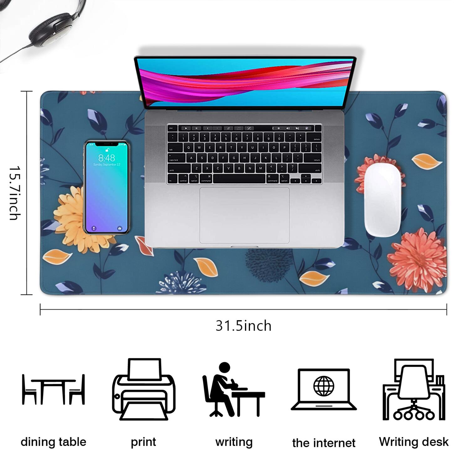 Long Mouse Pads for Desk,Pioneer Flower Floral Print Pattern Desk Mats on Top Of Desks, Desk Mouse Pad Extra Large with 3mm Non-Slip Base and Stitched Edge for Gaming,Office,Work,Home 31.5"x15.7"