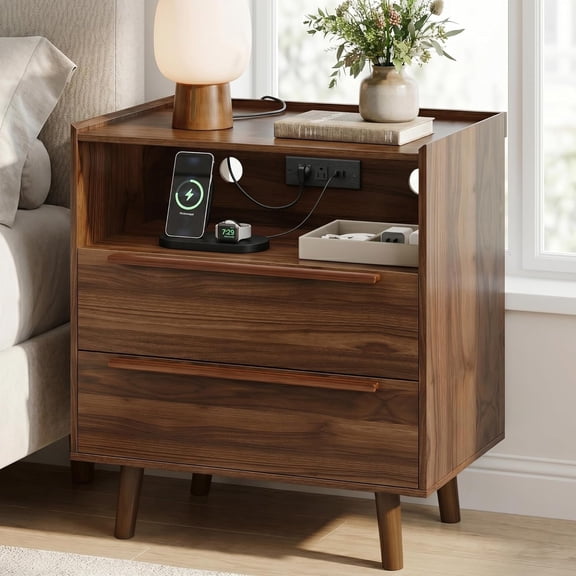 26" Tall Walnut Nightstand with Charging Station, 2 Drawer Bedside Table with Tray Top, USB & Type-C Ports, AC Outlets, and Open Shelf for Bedroom or Living Room