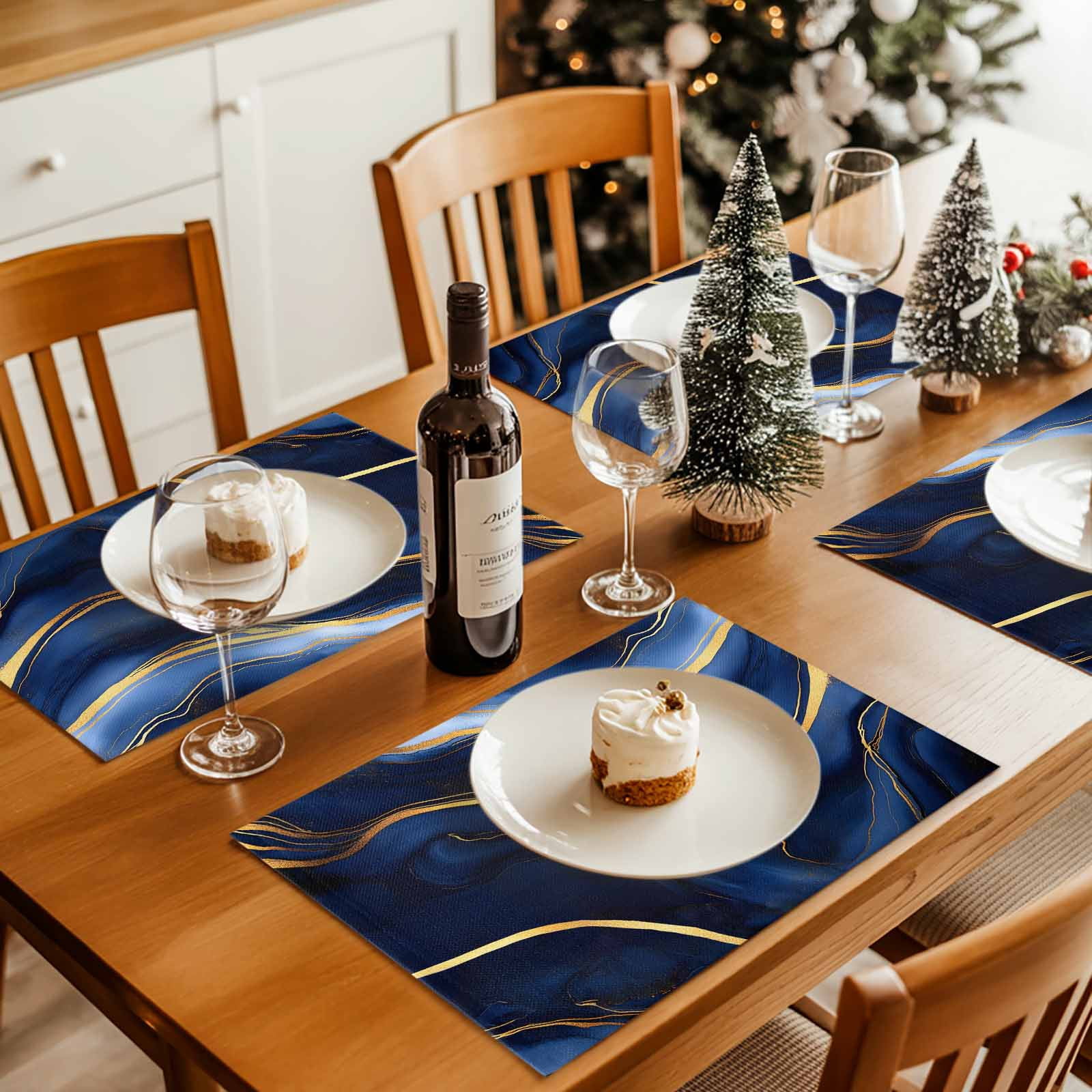 Dark Blue Abstract Marble Texture Placemats Set of 8, Gold Fluid Art Lines Table Mats Washable Heat-Insulation Non-Slip Place Mats for Kitchen Dinner Table Indoor Outdoor Decor,13x19 Inch