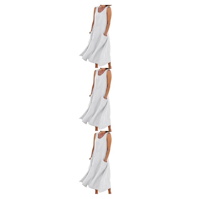 pitrice Femmes Été Coton Lin Robe Sans Manches Col Rond Boho Vintage Style Plage Couleur Unie en Vrac Kaftan Porter Tous les Jours Blanc / XXL 3Set