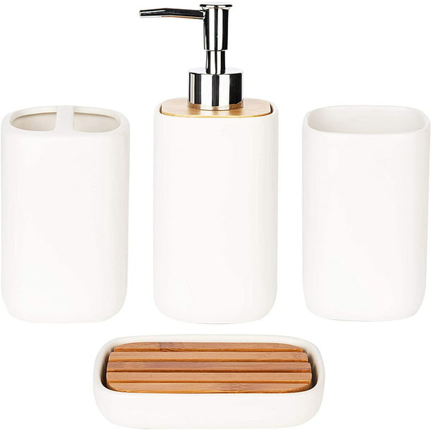 Bamboo Bathroom Accessories Set, White Ceramic Bamboo Bathroom Accessories