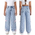 thumbnail image 2 of FEDPOP Girls Wide Leg Baggy Jeans, High Waisted Denim Pants with Pockets, Casual Y2K Loose Trousers for Kids, Blue, 8-14Y, 2 of 7