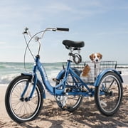 Viribus Folding Adult Tricycle, 20 Inch Cruiser Trike with Rear Basket for Men Senior Women Blue