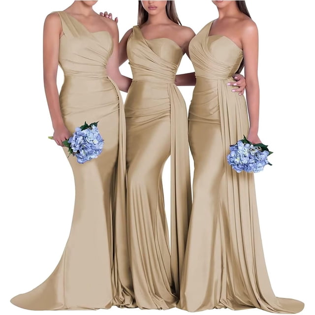 Vestido de dama de honor Rier con un solo hombro, sirena, satén champán