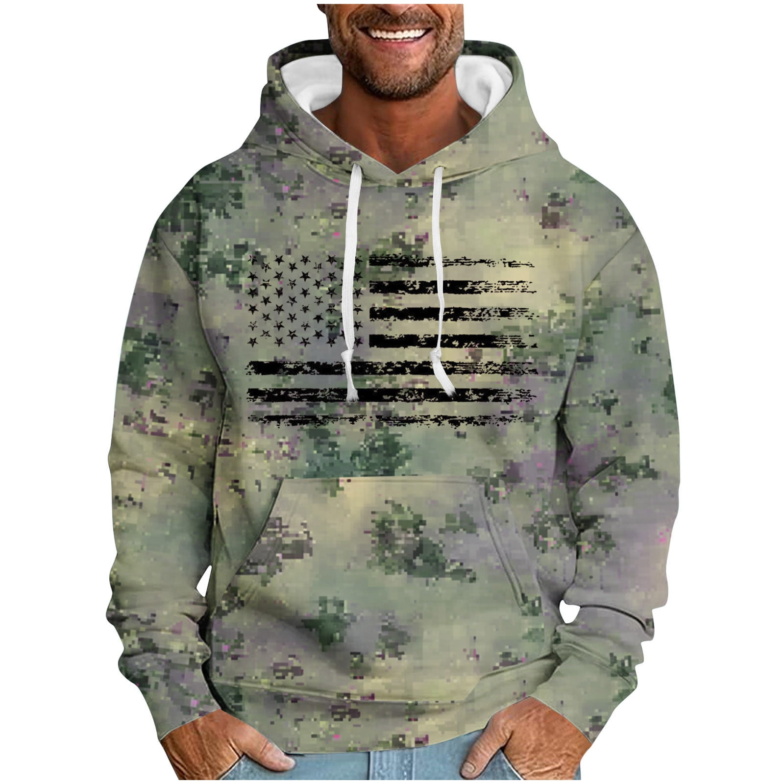 ZCFZJW Fashion Hooded Sweatshirts for Men Lightweight Regular Fit Casual Camo US Flag Print Long Sleeve Drawstring Hoodie Outwear Coat Patriotic Tops with Pocket Army Green XL