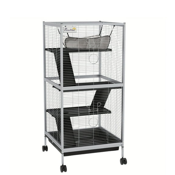 [4-Tier Metal Animal Cage] 4-Tier Metal Rolling Small Animal Cage - YINI'HOME       Ferret Cage, Chinchilla Cage, Sugar Glider Cage with Hammock & Removable Tray, White