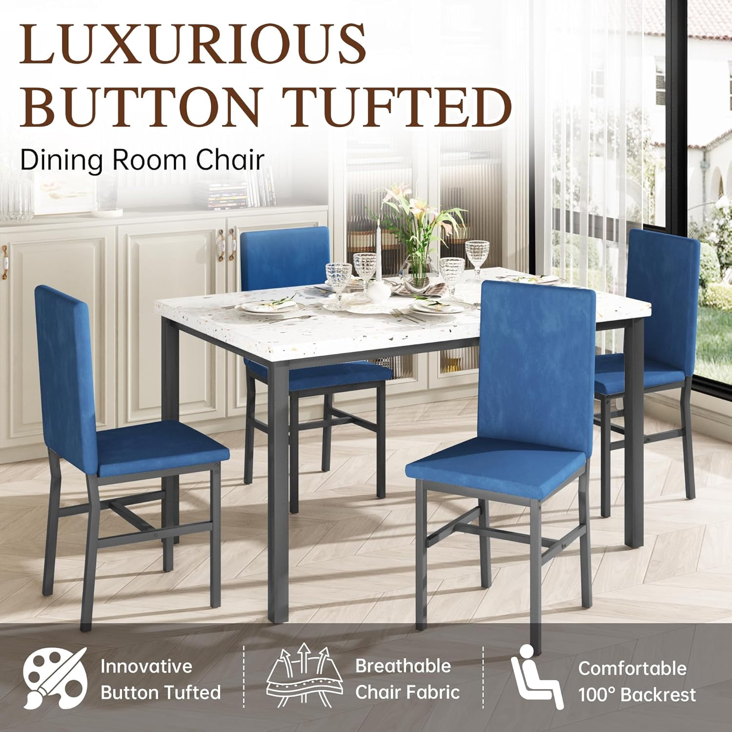 4-person dining table set, modern artificial marble dining table set, kitchen table and chair set of 4 pieces, with 4 PU leather chairs, suitable for small spaces, apartments, restaurants,Blue