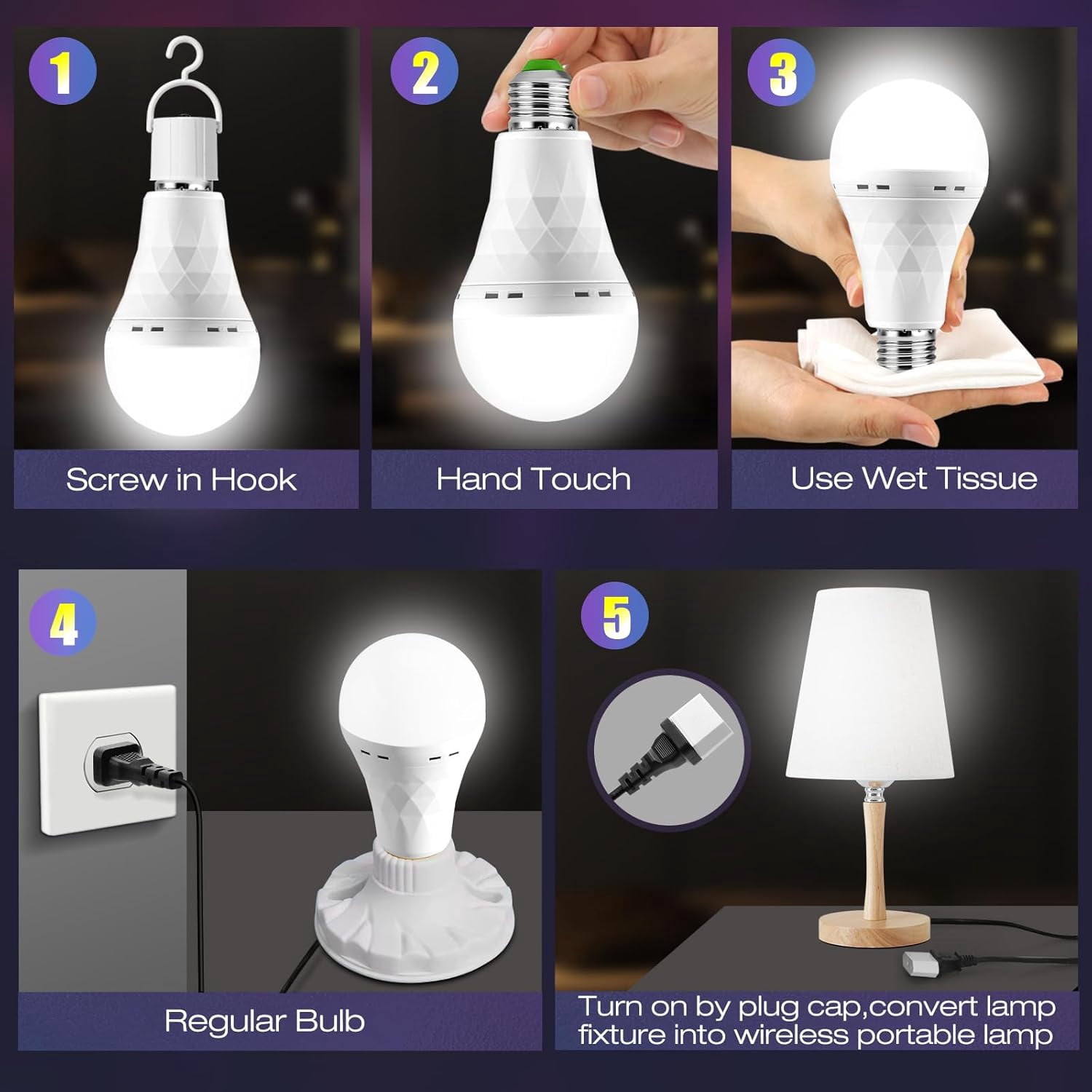 Emergency-Rechargeable-Light-Bulb, Stay Lights Up When Power Failure, 1500mAh 12W  LED Light Bulbs for Home, Camping, Hiking  4 Pack