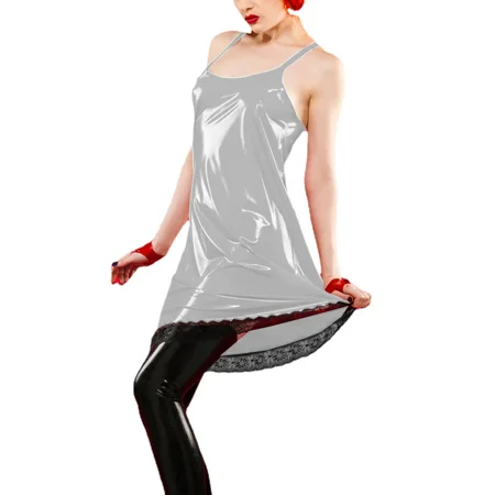 Night Party Sexy PVC Leather Spaghetti Strap A-line Dress Women Lingerie Female Sleeveless Sling Pajamas