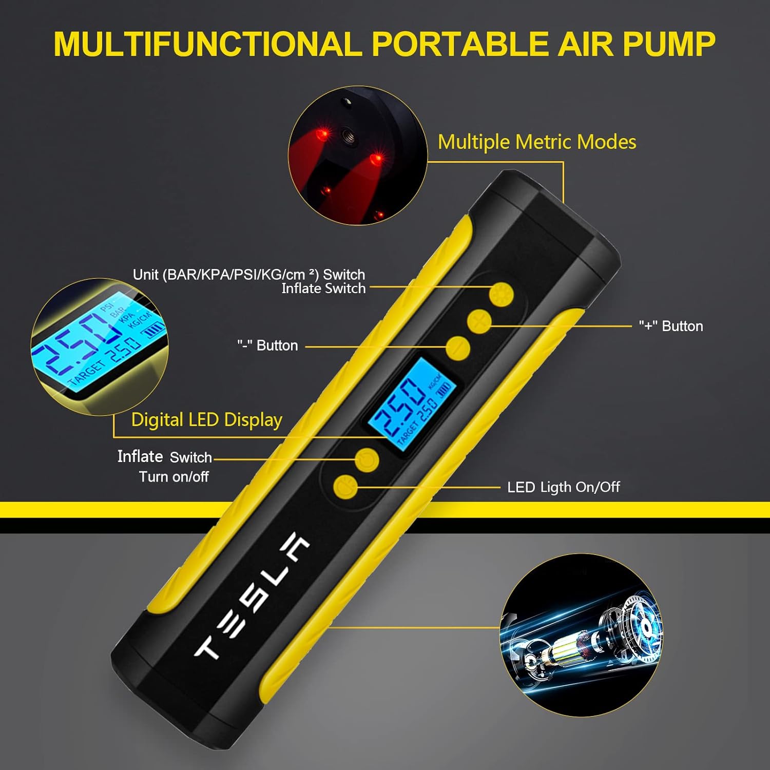 KIKIMO Tire Inflator Air Compressor for Tesla Portable Tesla Model 3/Y/S/X Accessories, 12V Cordless with Digital Pressure Gauge, 150psi Air pump with LED Light for TESLA, Bicycle