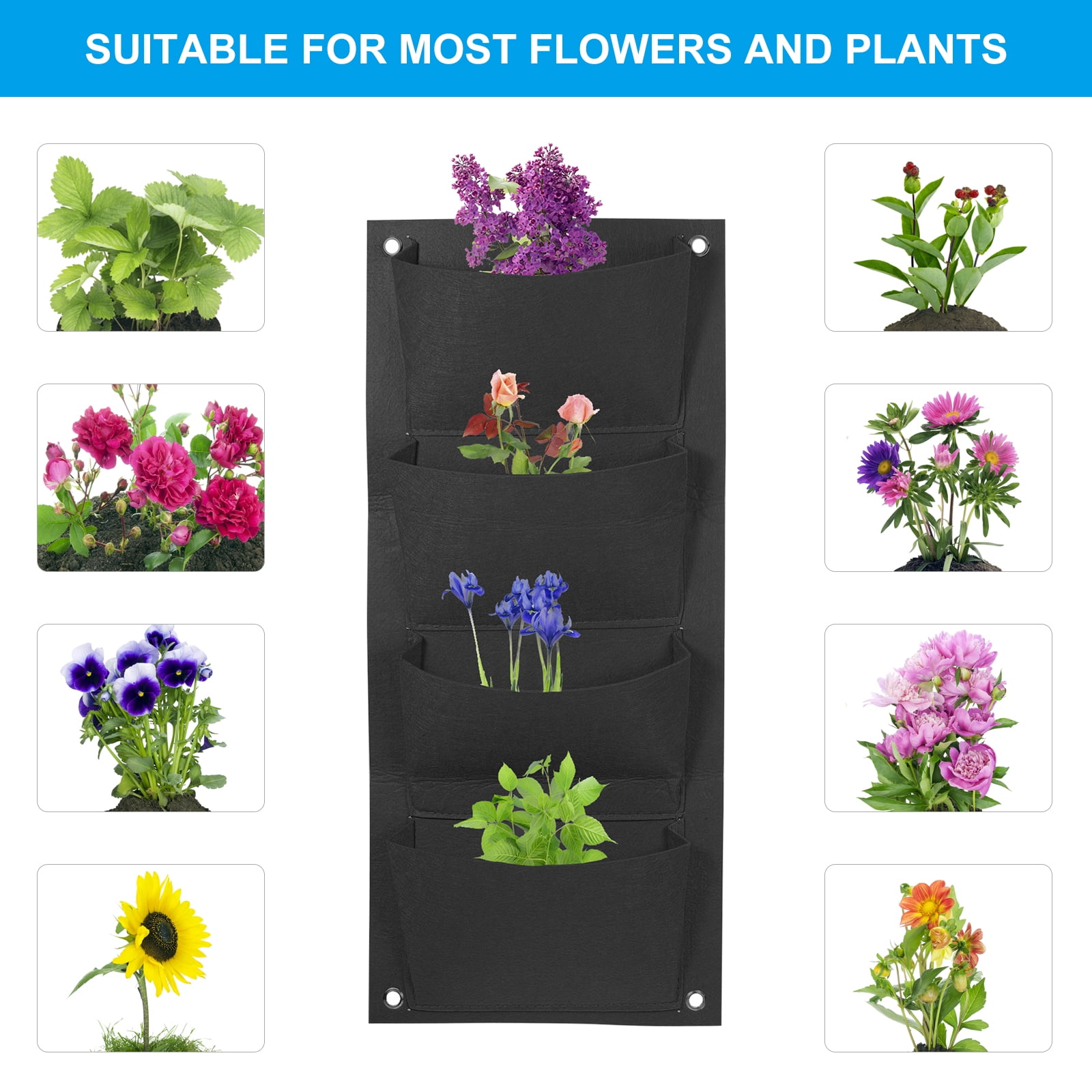 Uxcell 4 Pockets Vertical Hanging Grow Bags Wall Hanging Planter Bags Black 2 Pcs