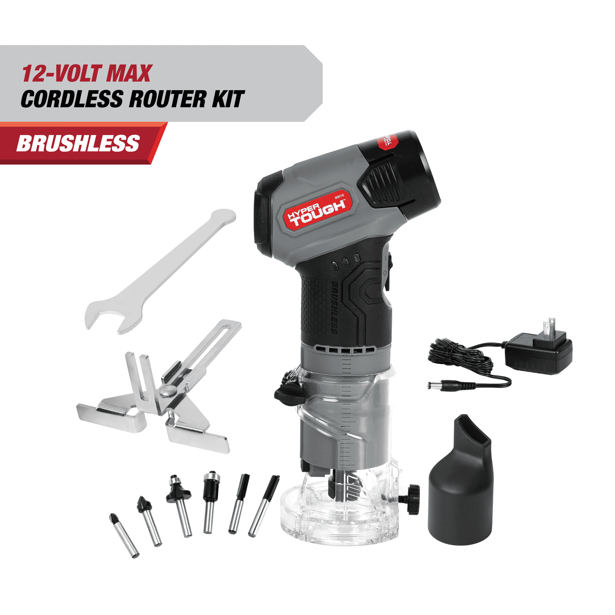 Hyper Tough 12-Volt Cordless Brushless Router Kit Plus 4 Ah Battery, 80016