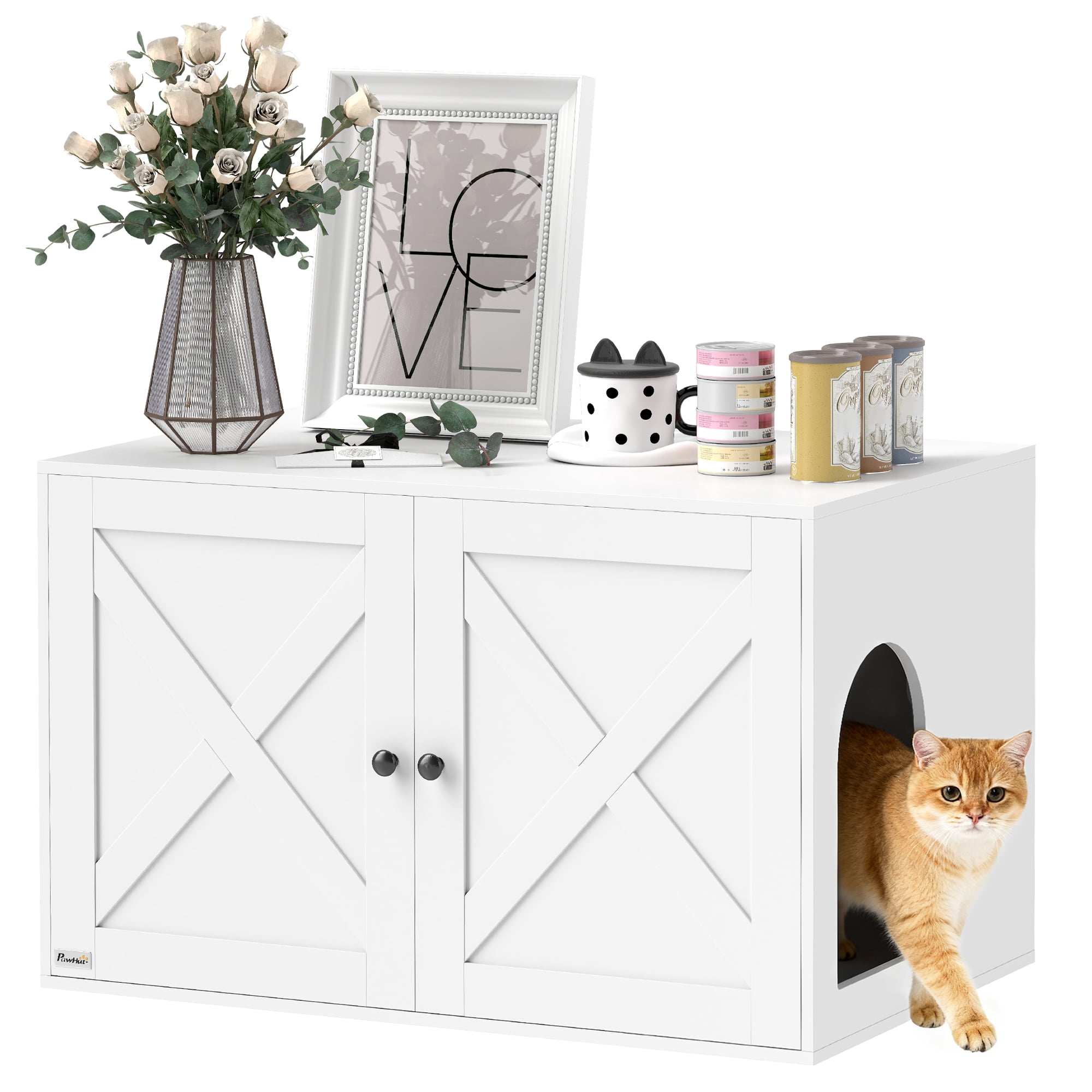 PawHut Cat Litter Box Enclosure, Hidden Litter Box Furniture with Barn Door, Cat Hole, End Side Table, 31.5" x 21" x 20", White