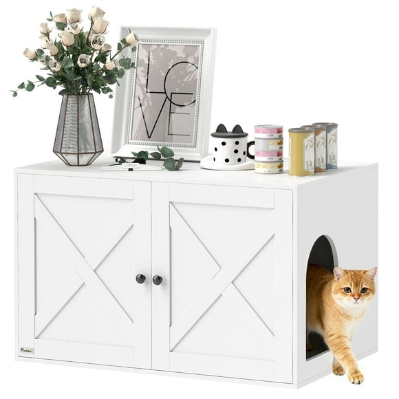 PawHut Cat Litter Box Enclosure, Hidden Washroom Furniture w/ Doors, White
