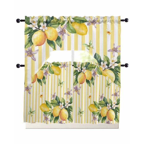 Lemon Flower Kitchen Curtains Sets 24 Inch Length with Valance, Yellow Vertical Stripes Butterfly Farmhouse Swag Valances and Tiers Curtain Set Drapes Swag Curtains for Living Room, Bathroom, Bedroom
