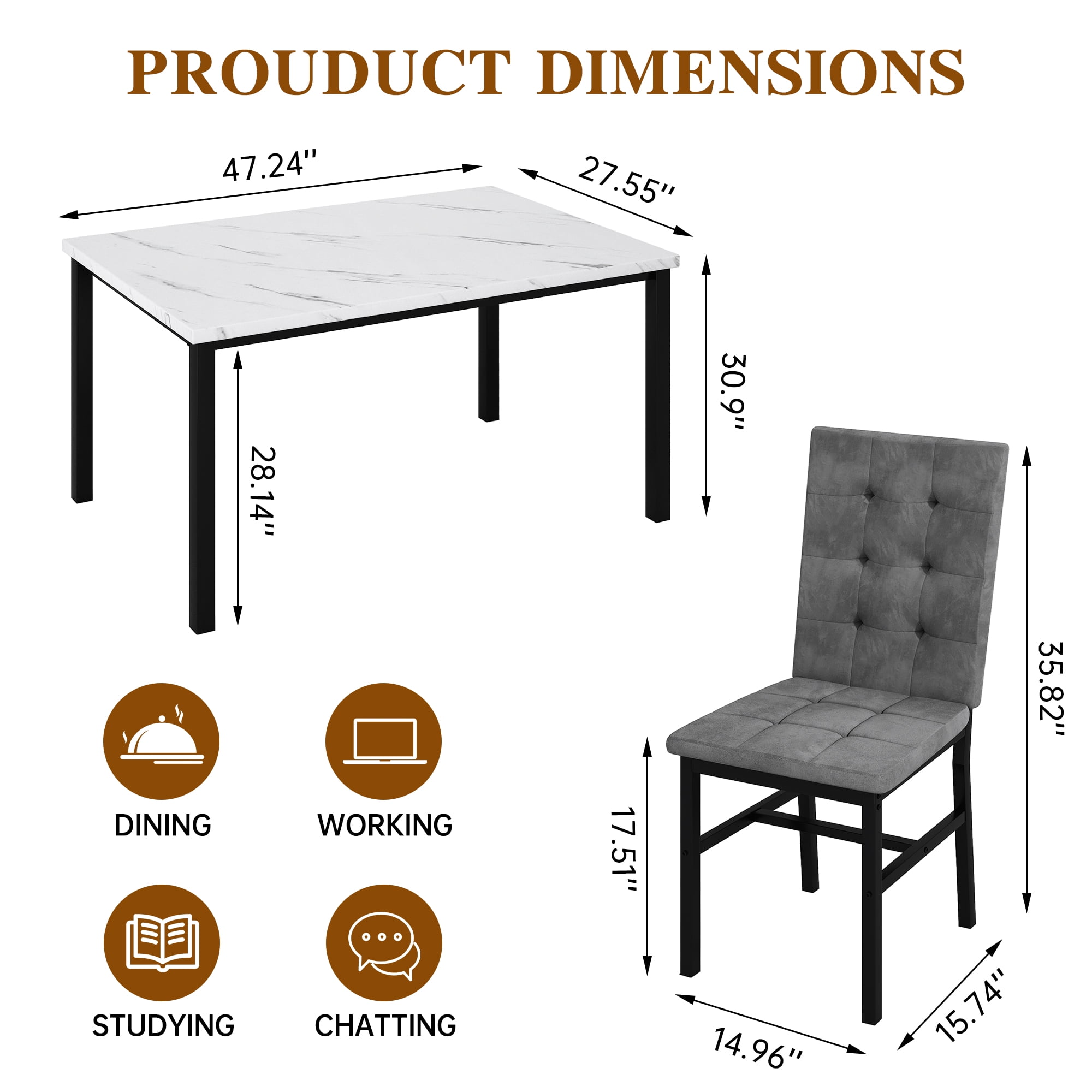 Baxluxe 4-Person Dining Table Set for 4, 5 Pieces Faux Marble Kitchen Table and Chairs Set, Rectangle Dining Table with 4 Tufted Velvet Dining Chairs, Modern Dinette Set for Breakfast Nook, Gray
