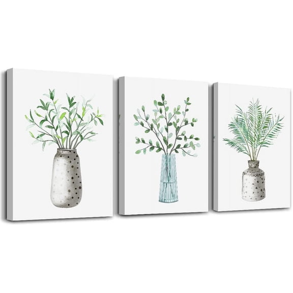 Canvas Wall Art Paintings For Kitchen Dining Room Family Wall Decor For Bedroom Wall Decoration For Living Room Office Decor Green Leaf Vase Wall Pictures Artwork For Home Walls 3 Piece