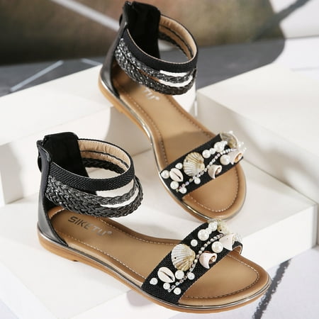 

〖Yilirongyumm〗 Black 41 Sandals Women Trade Beach Sandals Shoes Flat Loafers Shell Beaded Ethnic Ladies Wind Retro Women s Sandals