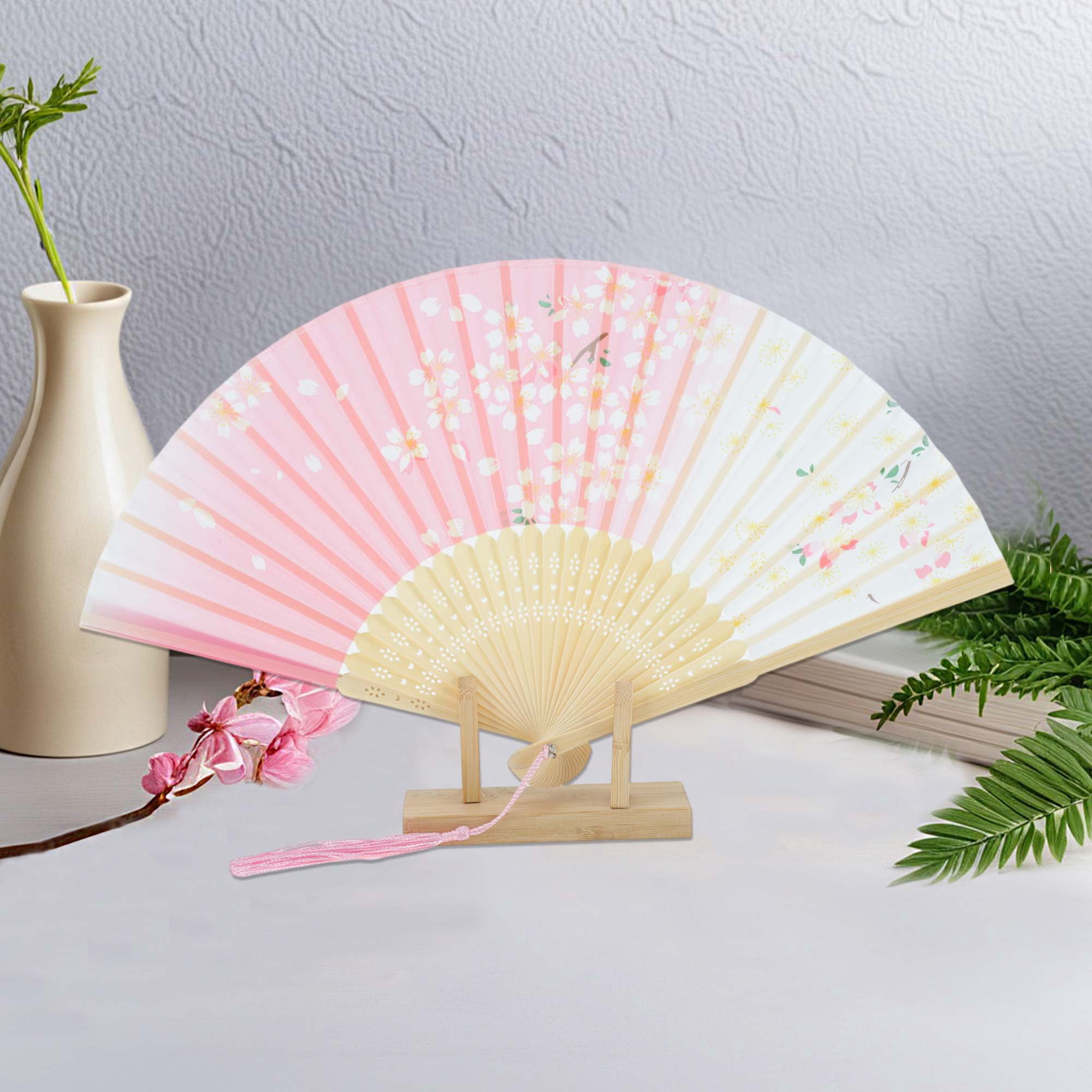 Unique Bargains Ancient Style Folding Fan 1Pc Pink White [Floral Butterfly]