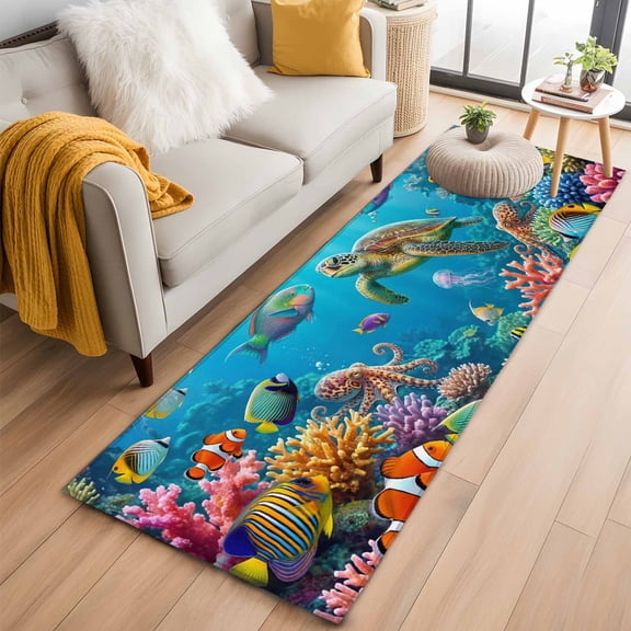 Runner Rug 2'x6', Ocean Sea Turtle Washable Non-Slip Hallway Runner Rugs, Blue Coastal Fish Coral Jellyfish Marine Life Bedside Rugs Floor Mats Carpet Runners for Kitchen Bathroom Laundry Room