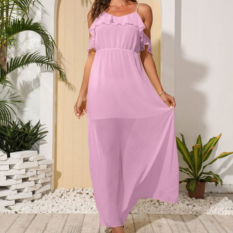 Efsteb Womens Dresses Maxi Dress Short Sleeve Dress Summer Dress Loose  Casual Round Neck Solid Color Dresses Off Shoulder Dresses Flowy High Low Maxi  Dress Pink L 