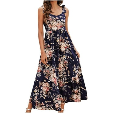 EQWLJWE Women's Summer New V-neck Sleeveless Lace-up Print Dress Long Skirt Holiday Clearance