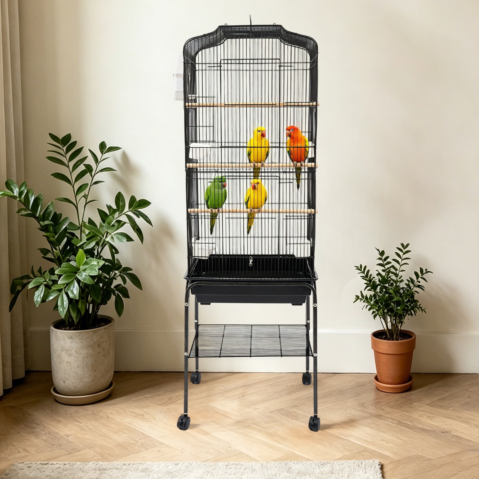 54in Freestanding Large Bird Cage on Lockable Wheels, Iron Parrot Breeding Cage with Storage Shelf & Slide‑Out Tray for Small‑Medium Parrots