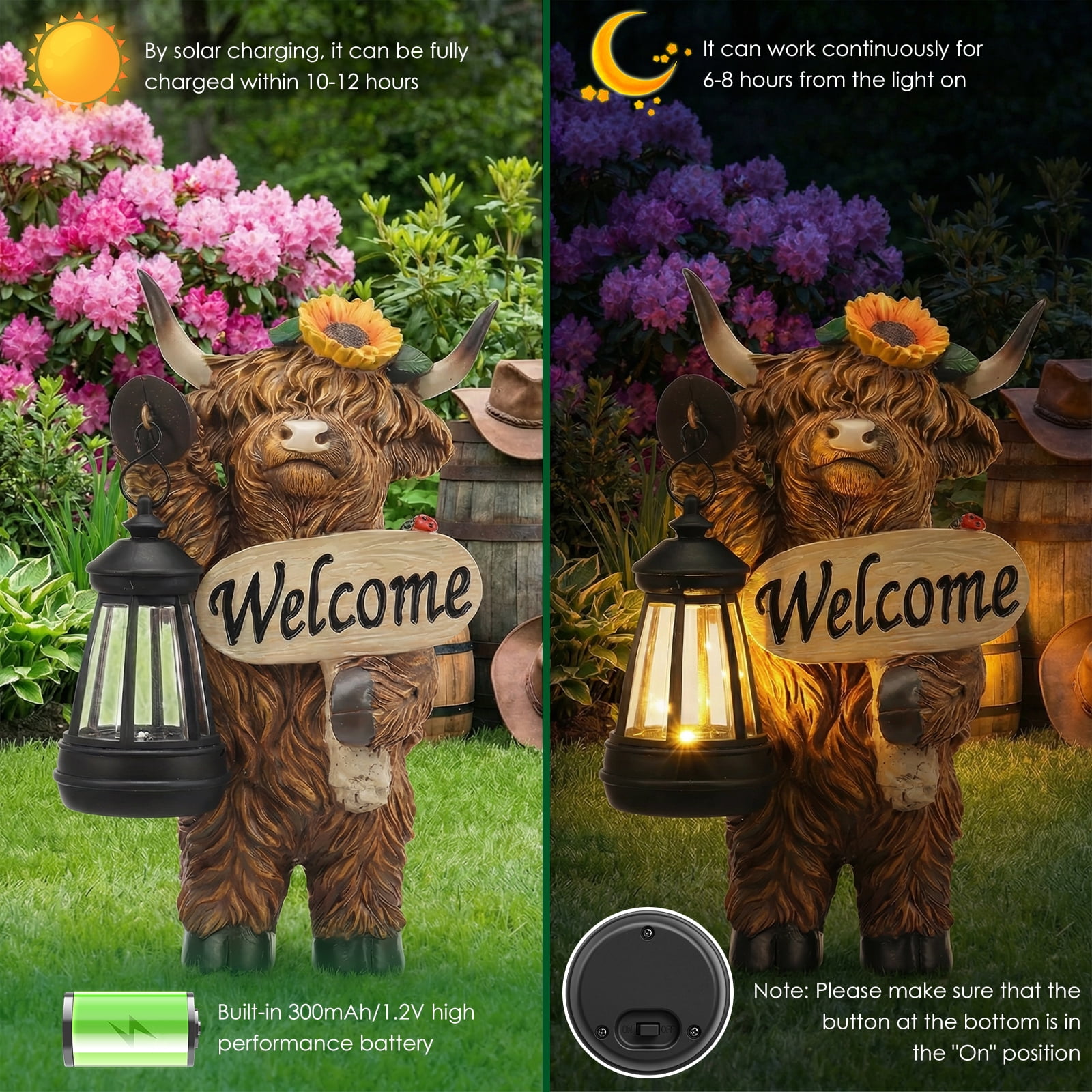 Threns Solar Highland Cow Garden Outdoor Statue,Highland Cow Figurines Sculpture with Light,Patio Balcony Yard for Pasture,Farm Theme Housewarming Gifts for Women Mom